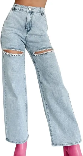 Women's Straight Legs Ripped Jeans Summer Casual Baggy High Waisted Distressed Cutout Rhinestone Denim Long Pants