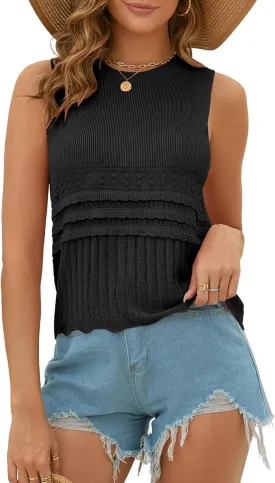 Womens Summer Crop Knit Tank Tops Sweater Tank Crew Neck Sleeveless Pullover Top Crochet Hem Vest 2025 Summer