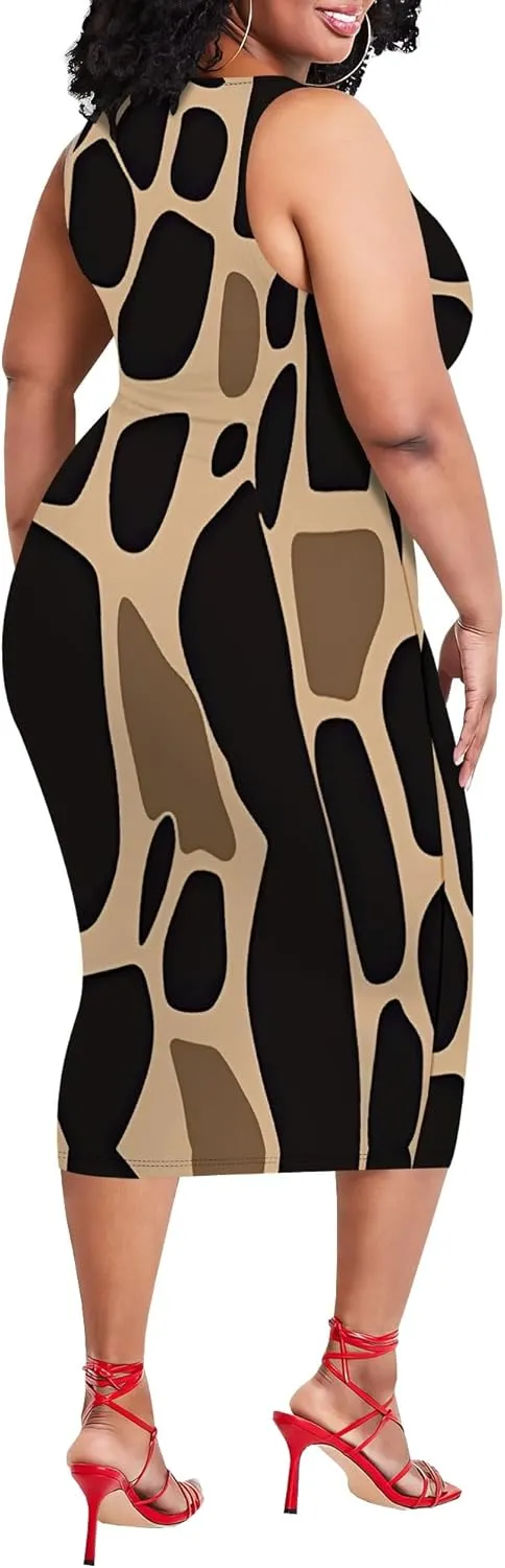 Women's Summer Pencil Sleeveless Round Neck Sexy Tank Top Tight Wrap African Style Printed Fashion Party Dress