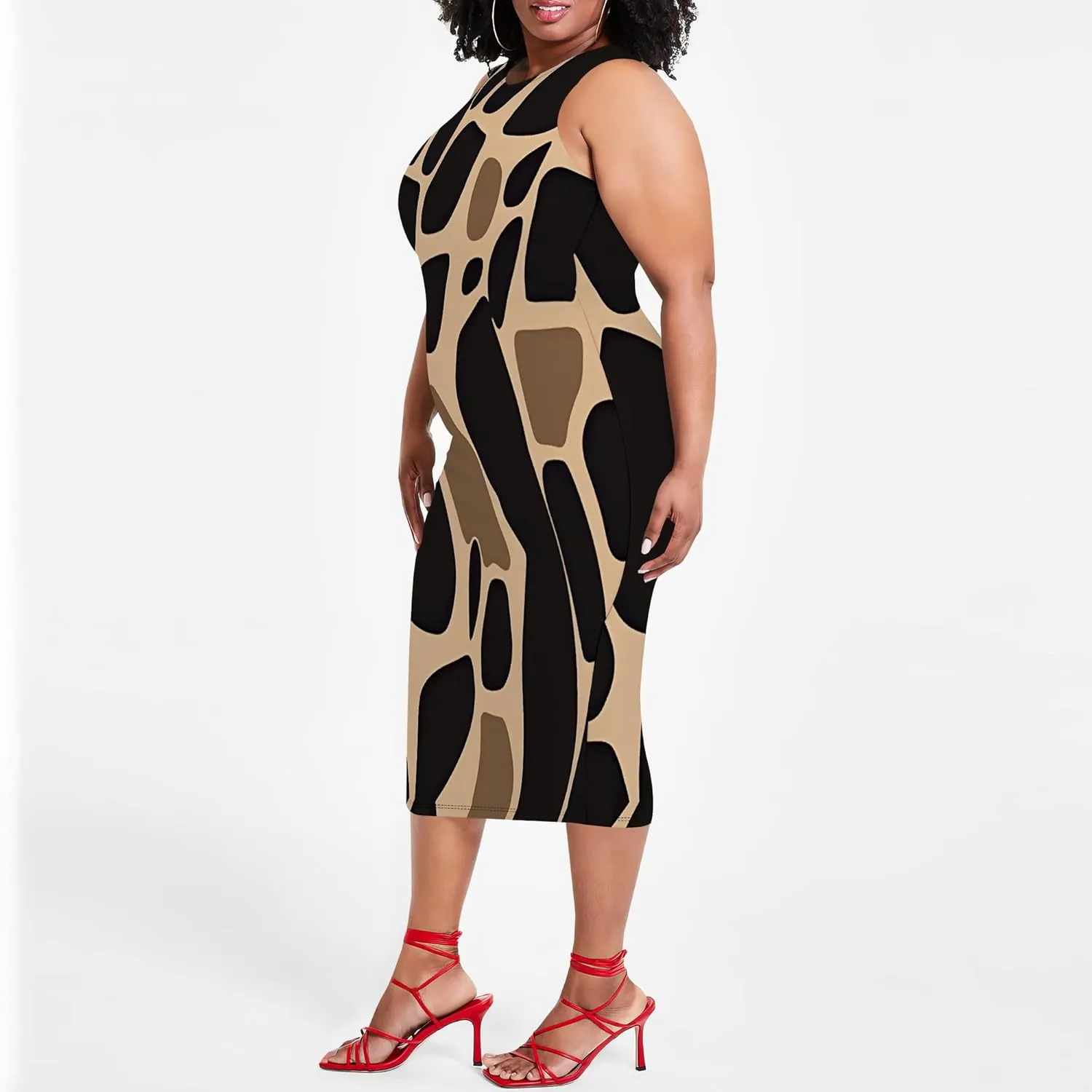 Women's Summer Pencil Sleeveless Round Neck Sexy Tank Top Tight Wrap African Style Printed Fashion Party Dress