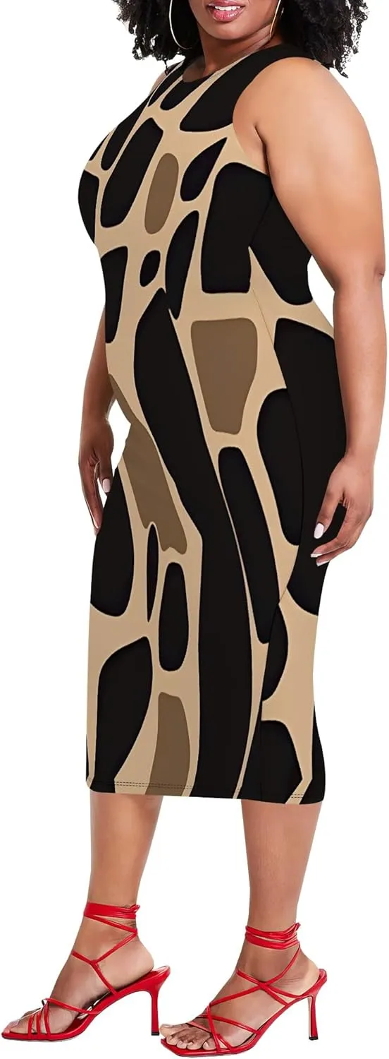 Women's Summer Pencil Sleeveless Round Neck Sexy Tank Top Tight Wrap African Style Printed Fashion Party Dress