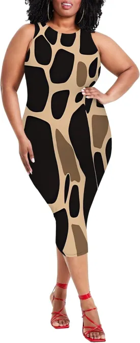 Women's Summer Pencil Sleeveless Round Neck Sexy Tank Top Tight Wrap African Style Printed Fashion Party Dress