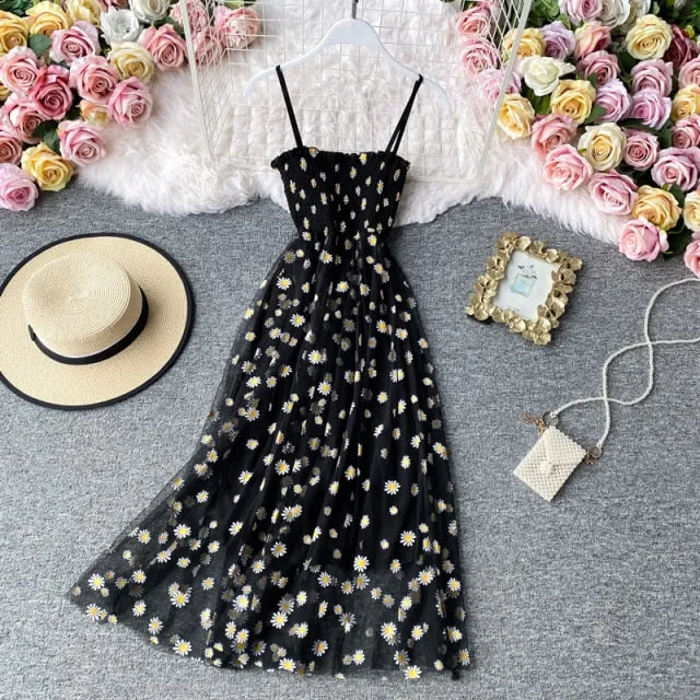 Yeknu Slip Dress Long Mesh Floral Dress Women Vintage Elegant Sexy Beach Dresses Woman Party Night Korean Kawaii Ruffle Backless