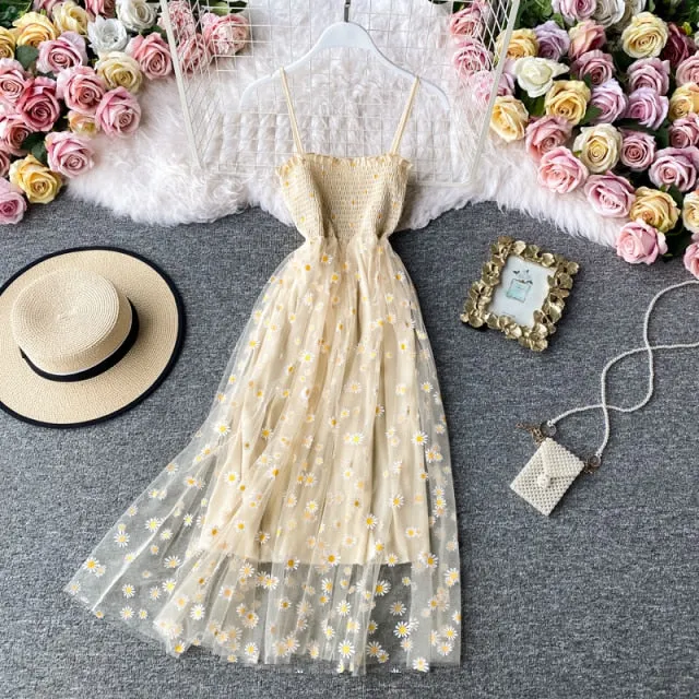 Yeknu Slip Dress Long Mesh Floral Dress Women Vintage Elegant Sexy Beach Dresses Woman Party Night Korean Kawaii Ruffle Backless