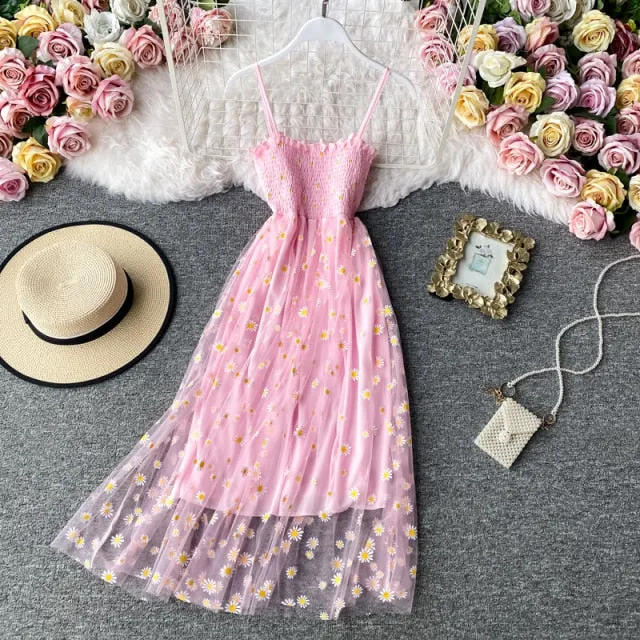 Yeknu Slip Dress Long Mesh Floral Dress Women Vintage Elegant Sexy Beach Dresses Woman Party Night Korean Kawaii Ruffle Backless