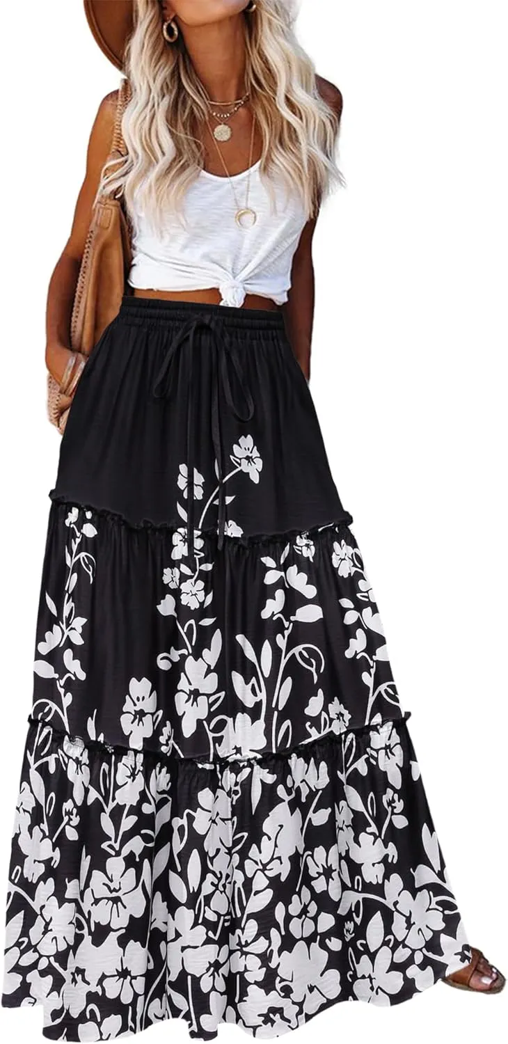 Zeagoo Womens Casual Maxi Skirts for Women 2025 High Waist Boho Skirts Floral Printed Long Flowy Skirt with Pockets
