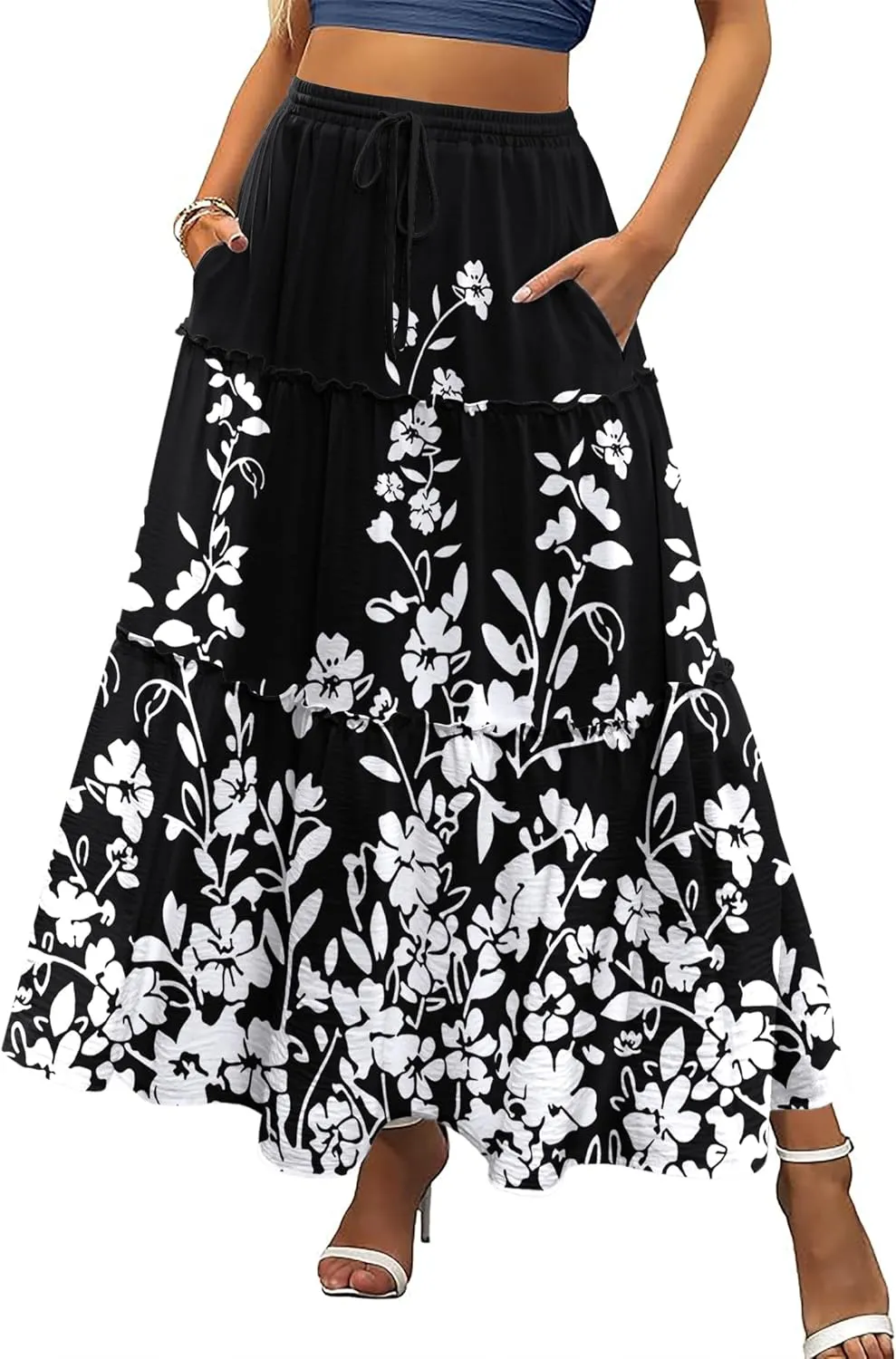 Zeagoo Womens Casual Maxi Skirts for Women 2025 High Waist Boho Skirts Floral Printed Long Flowy Skirt with Pockets
