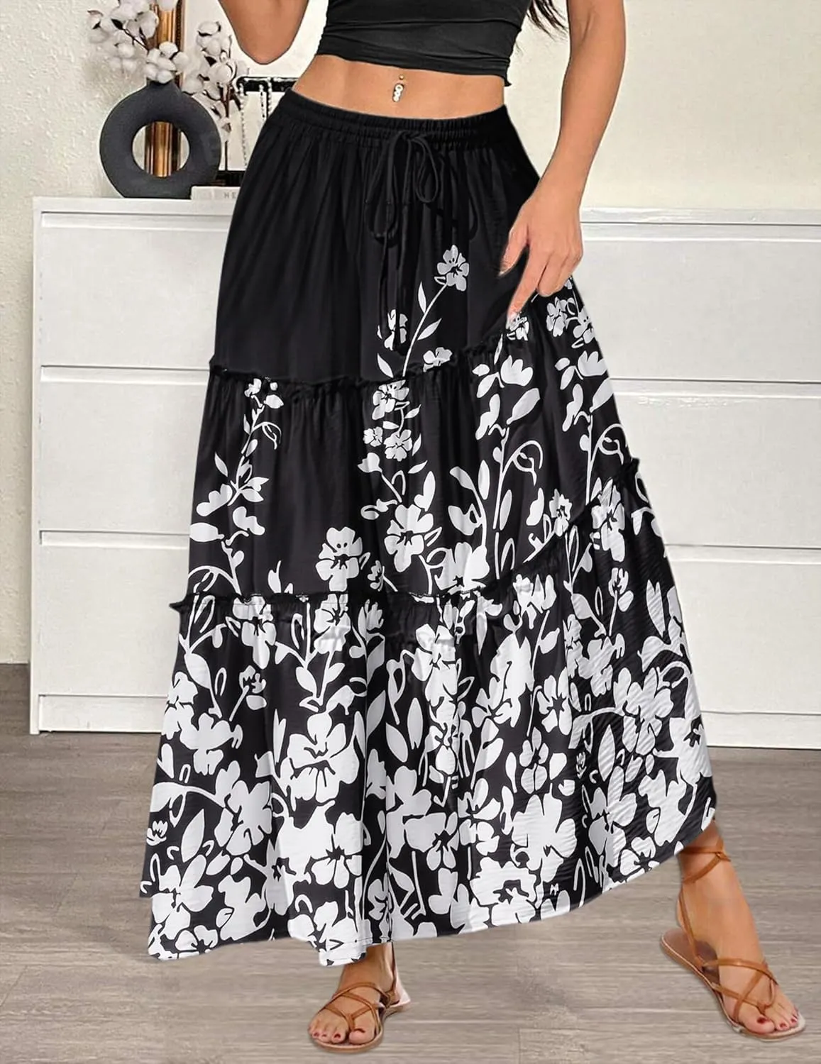 Zeagoo Womens Casual Maxi Skirts for Women 2025 High Waist Boho Skirts Floral Printed Long Flowy Skirt with Pockets