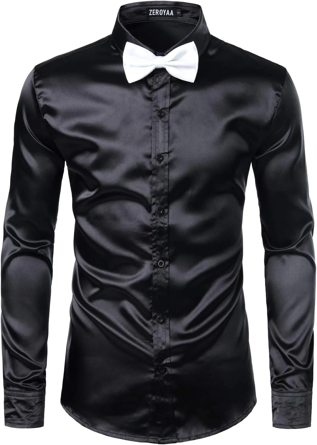 ZEROYAA Men's Luxury Shiny Silk Like Satin Button Up Dress Shirts