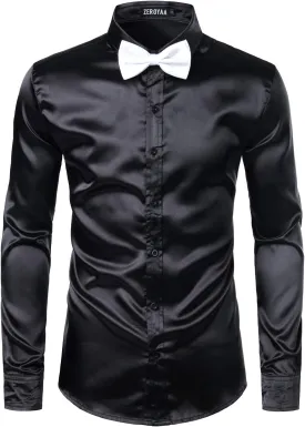ZEROYAA Men's Luxury Shiny Silk Like Satin Button Up Dress Shirts